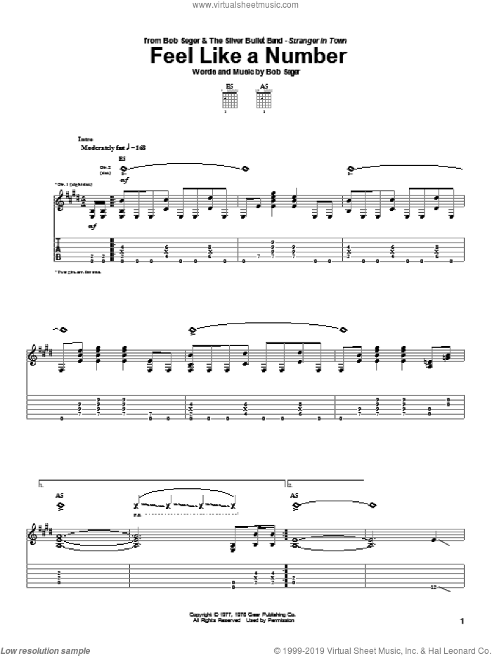 Feel Like A Number sheet music for guitar (tablature) by Bob Seger, intermediate skill level