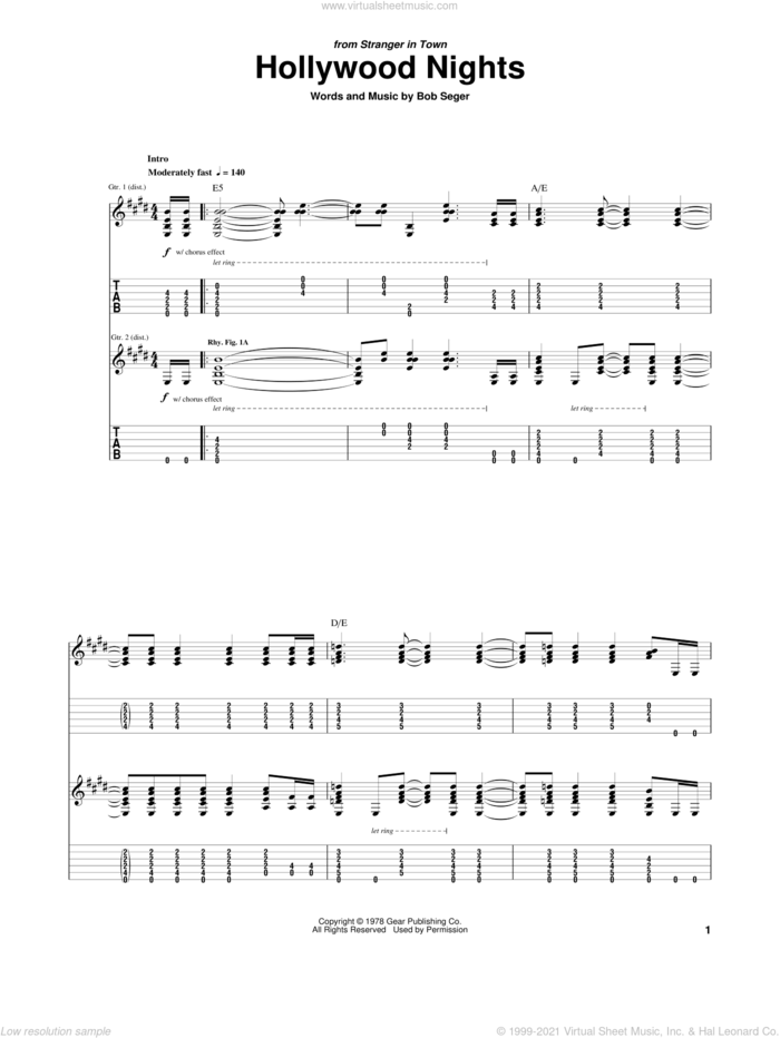 Hollywood Nights sheet music for guitar (tablature) by Bob Seger, intermediate skill level