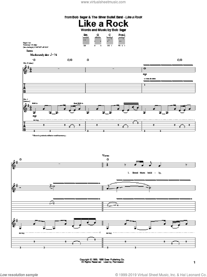 Like A Rock sheet music for guitar (tablature) by Bob Seger, intermediate skill level