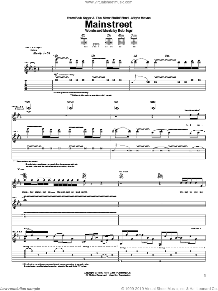 Mainstreet sheet music for guitar (tablature) by Bob Seger, intermediate skill level