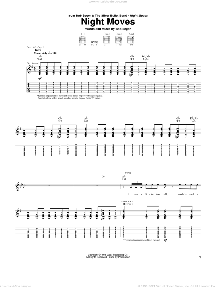 Night Moves sheet music for guitar (tablature) by Bob Seger, intermediate skill level