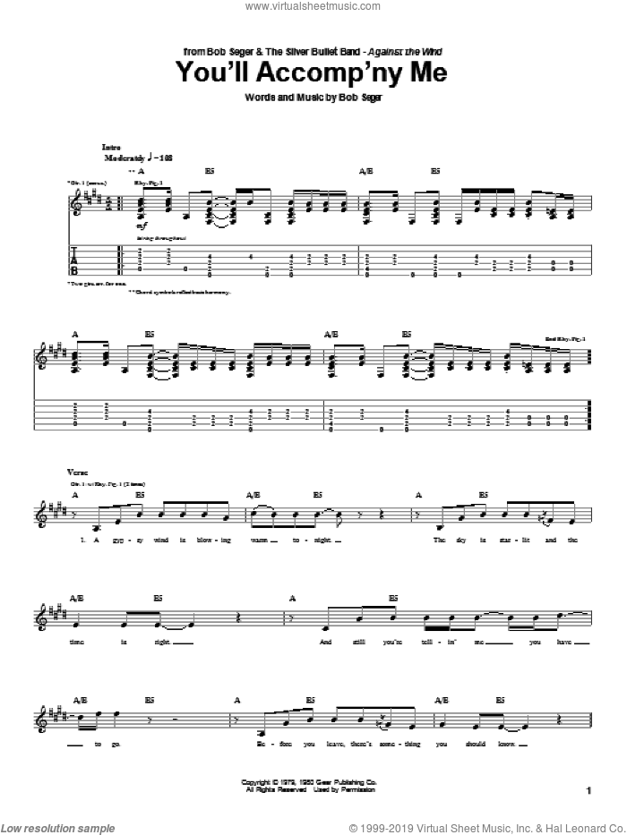 You'll Accomp'ny Me sheet music for guitar (tablature) by Bob Seger, wedding score, intermediate skill level