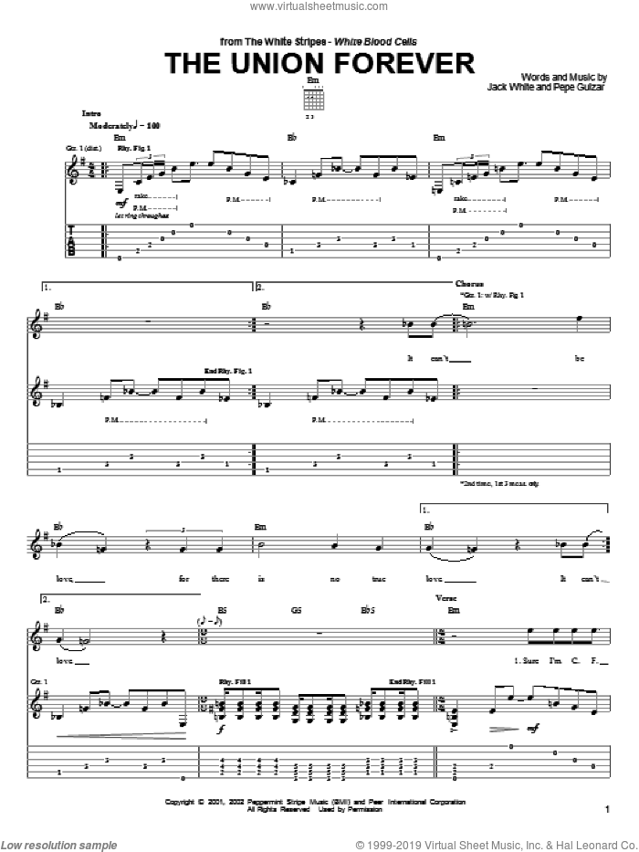 The Union Forever sheet music for guitar (tablature) by The White Stripes, Jack White and Pepe Guizar, intermediate skill level