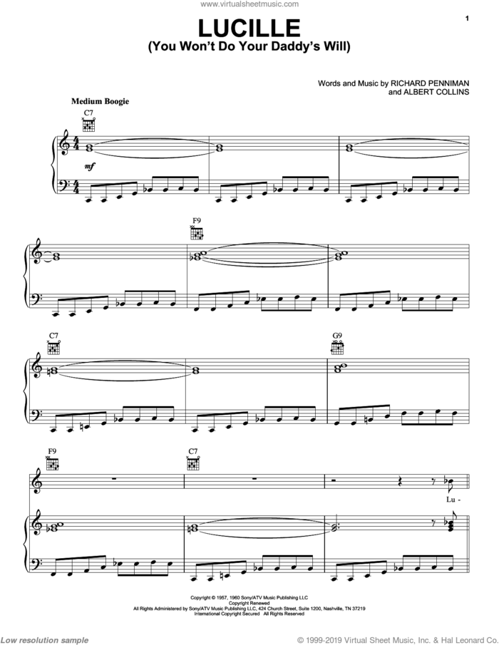 Lucille (You Won't Do Your Daddy's Will) sheet music for voice, piano or guitar by Little Richard, Albert Collins and Richard Penniman, intermediate skill level