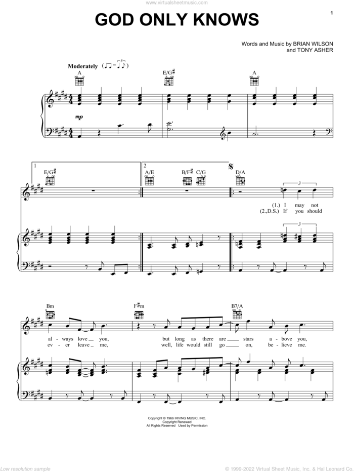 God Only Knows sheet music for voice, piano or guitar by The Beach Boys, Brian Wilson and Tony Asher, intermediate skill level