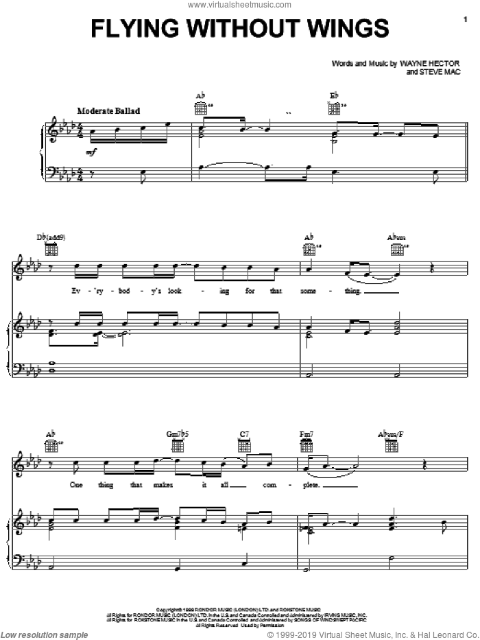 Flying Without Wings sheet music for voice, piano or guitar by Ruben Studdard, American Idol, Steve McCutcheon and Wayne Hector, intermediate skill level