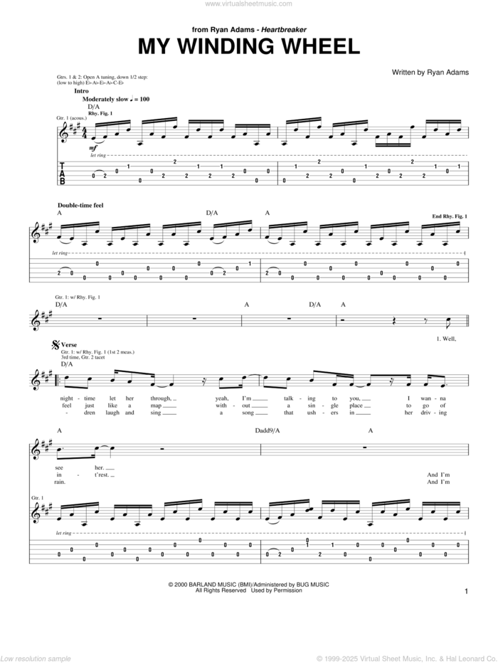 My Winding Wheel sheet music for guitar (tablature) by Ryan Adams, intermediate skill level