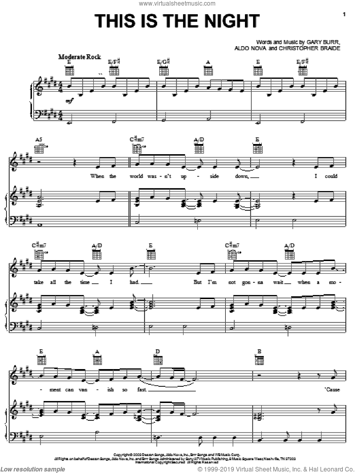 This Is The Night sheet music for voice, piano or guitar by Clay Aiken, American Idol, Aldo Nova, Chris Braide and Gary Burr, intermediate skill level