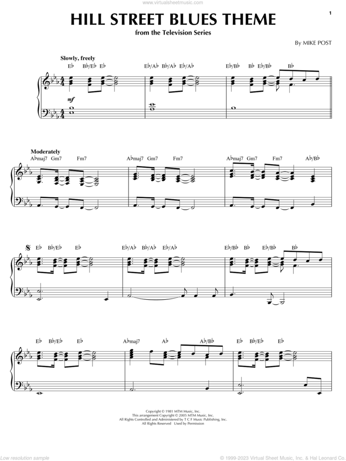 Hill Street Blues Theme, (intermediate) sheet music for piano solo by Mike Post, intermediate skill level