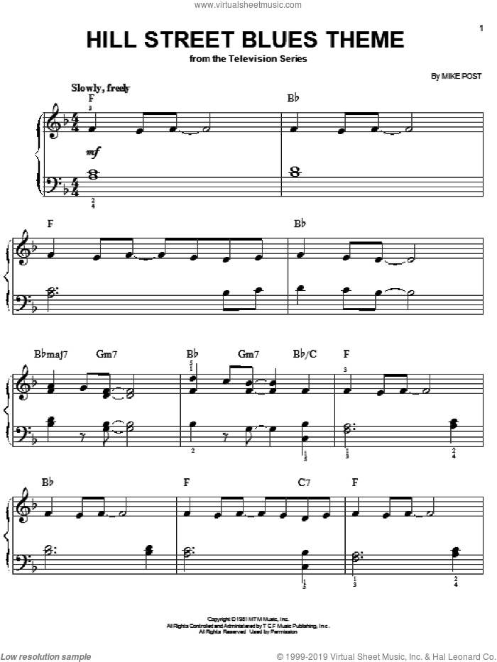 Hill Street Blues Theme, (easy) sheet music for piano solo by Mike Post, easy skill level