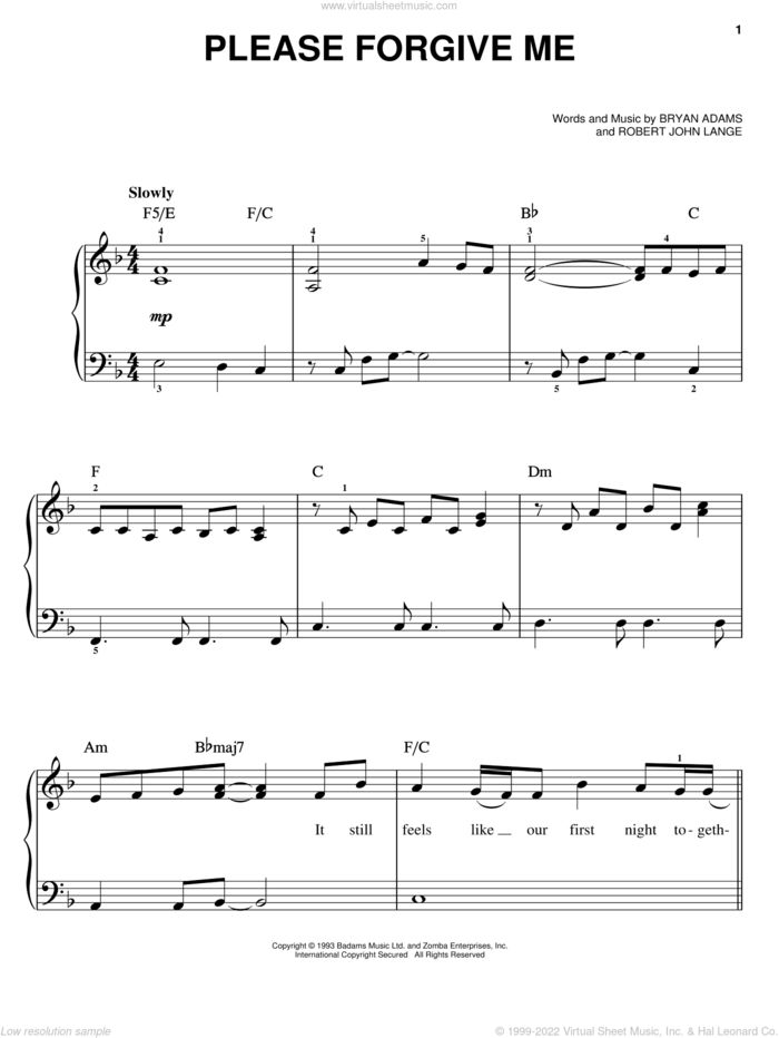 Please Forgive Me sheet music for piano solo by Bryan Adams and Robert John Lange, easy skill level