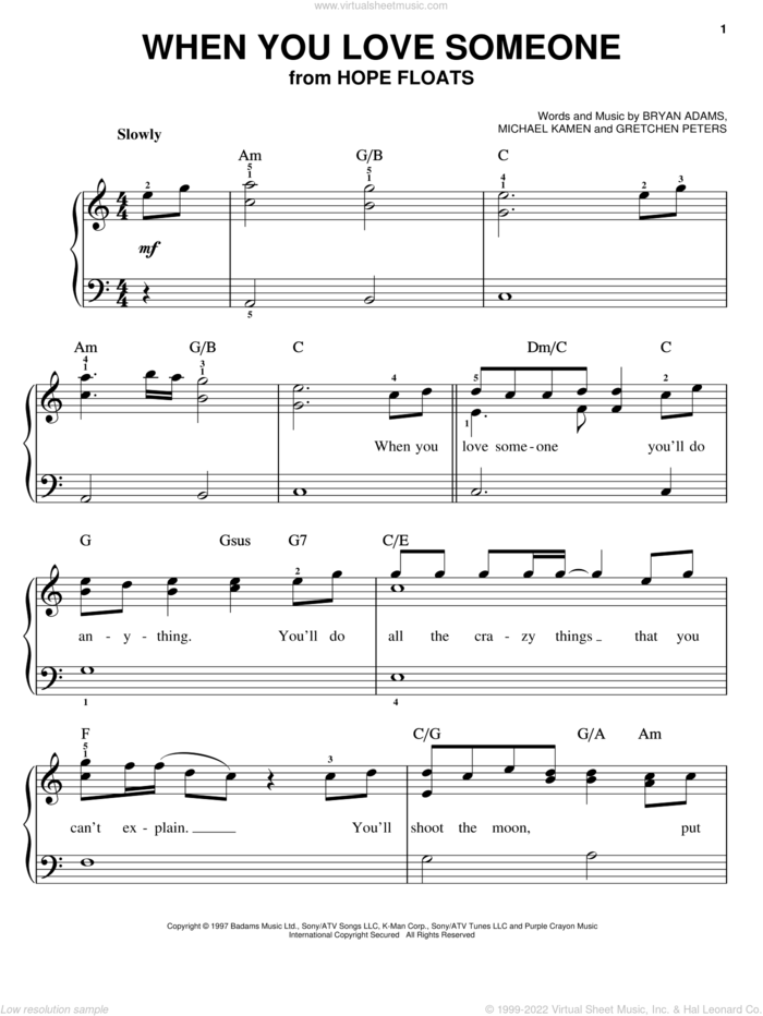 When You Love Someone, (easy) sheet music for piano solo by Bryan Adams, Gretchen Peters and Michael Kamen, easy skill level
