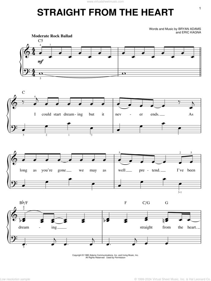 Straight From The Heart sheet music for piano solo by Bryan Adams and Eric Kagna, easy skill level