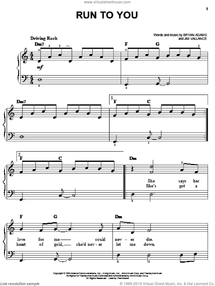 Run To You sheet music for piano solo by Bryan Adams and Jim Vallance, easy skill level