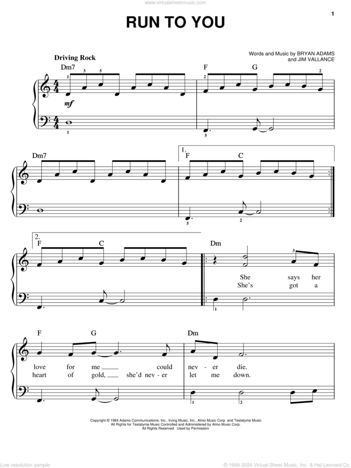 Run To You sheet music for piano solo by Bryan Adams and Jim Vallance, easy skill level