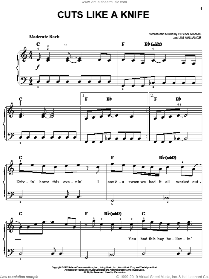 Cuts Like A Knife sheet music for piano solo by Bryan Adams and Jim Vallance, easy skill level