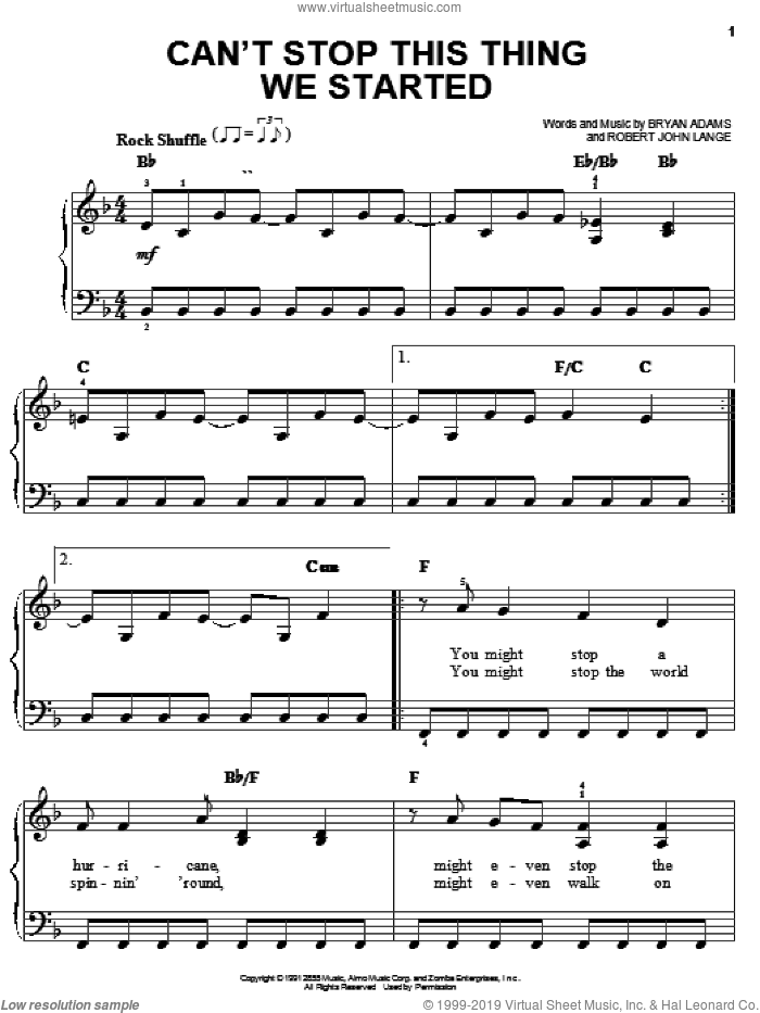 Can't Stop This Thing We Started sheet music for piano solo by Bryan Adams and Robert John Lange, easy skill level