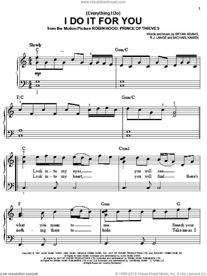 (Everything I Do) I Do It For You sheet music for piano solo by Bryan Adams, Michael Kamen and Robert John Lange, easy skill level