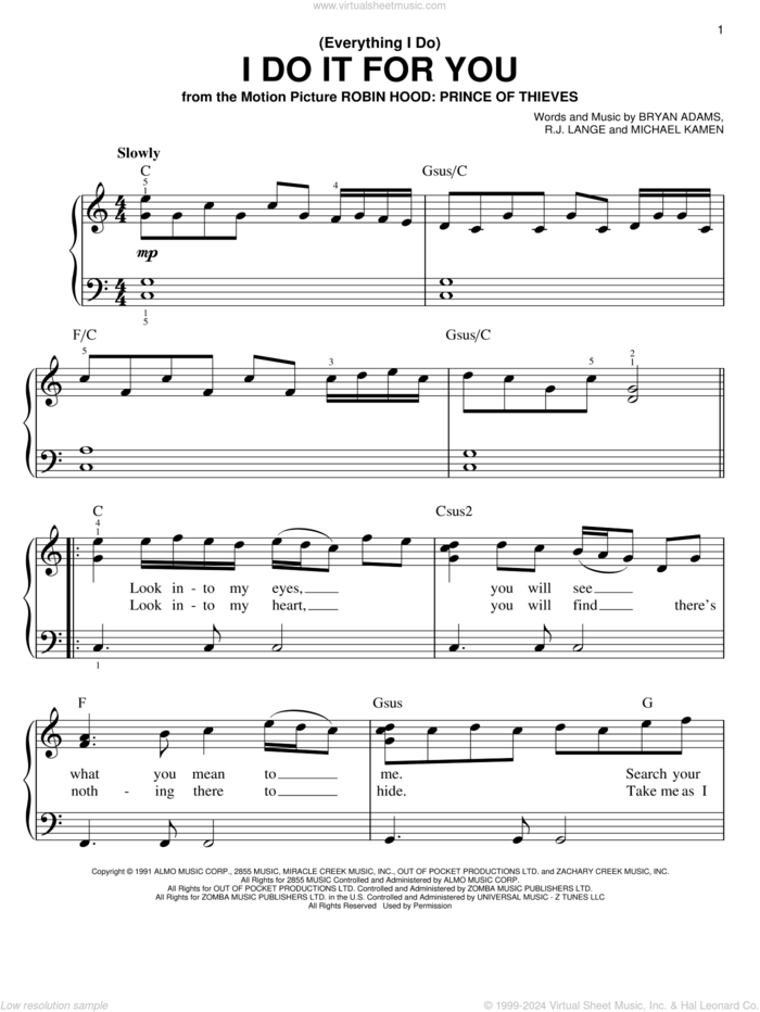 (Everything I Do) I Do It For You sheet music for piano solo by Bryan Adams, Michael Kamen and Robert John Lange, easy skill level