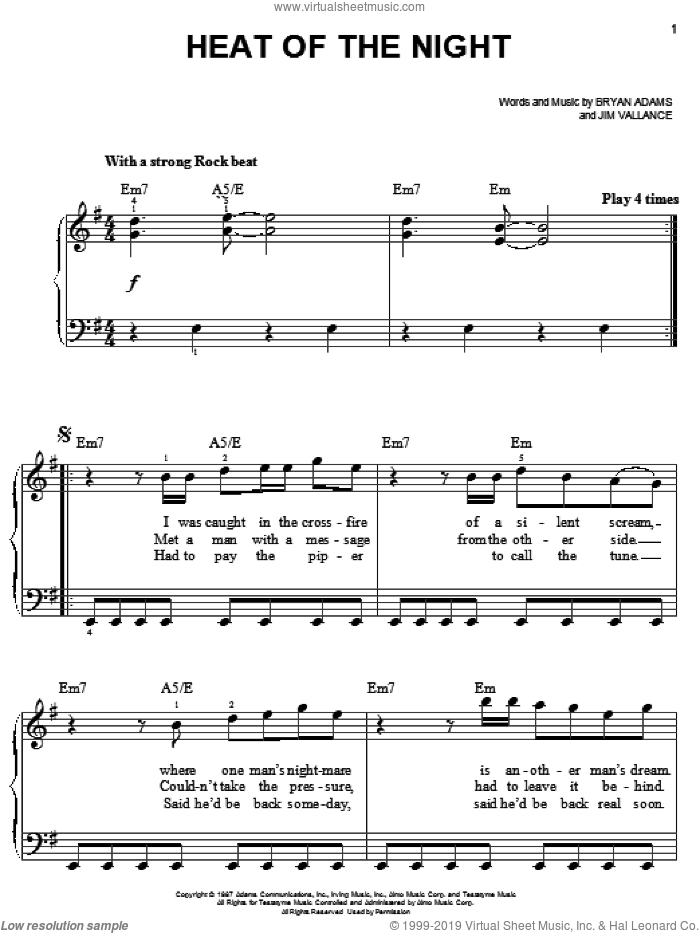 Heat Of The Night sheet music for piano solo by Bryan Adams and Jim Vallance, easy skill level