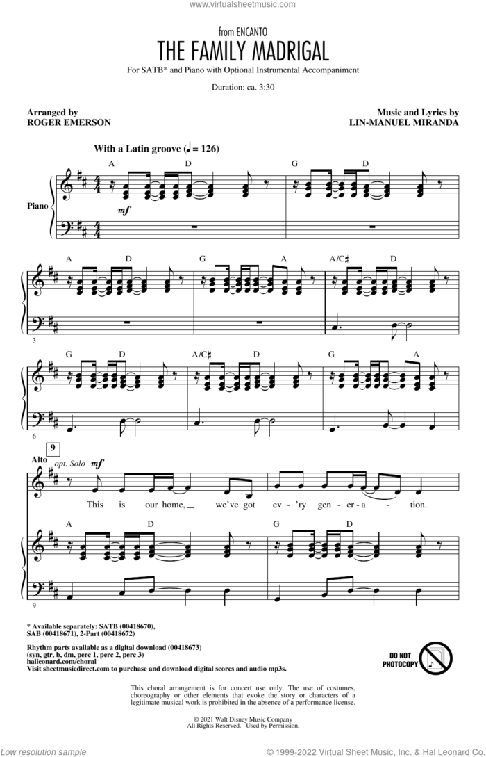 The Family Madrigal (from Encanto) (arr. Roger Emerson) sheet music for choir (SATB: soprano, alto, tenor, bass) by Lin-Manuel Miranda and Roger Emerson, intermediate skill level