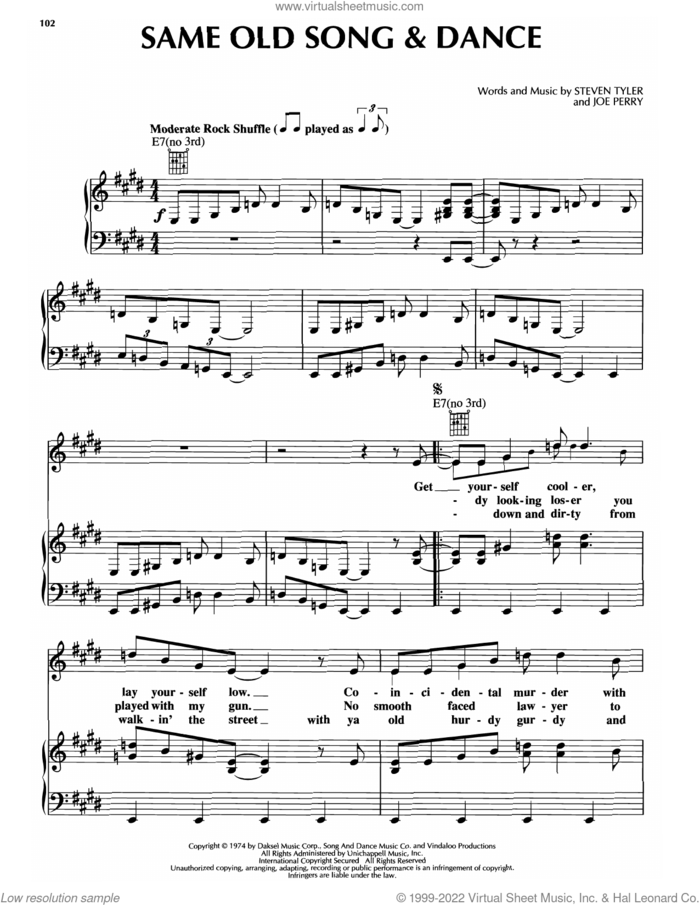 Same Old Song And Dance sheet music for voice, piano or guitar by Aerosmith, Joe Perry and Steven Tyler, intermediate skill level