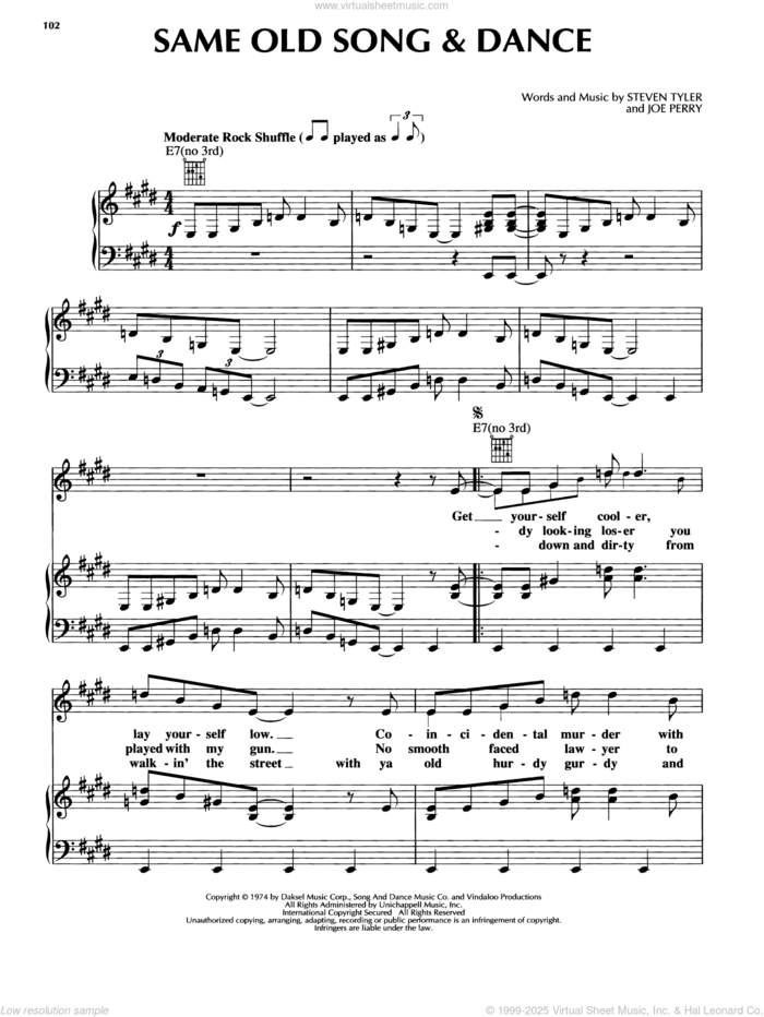 Same Old Song And Dance sheet music for voice, piano or guitar by Aerosmith, Joe Perry and Steven Tyler, intermediate skill level