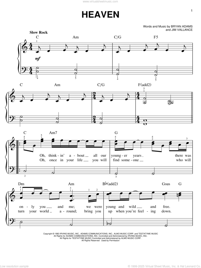 Heaven, (easy) sheet music for piano solo by Bryan Adams, DJ Sammy, Yanou and Jim Vallance, wedding score, easy skill level