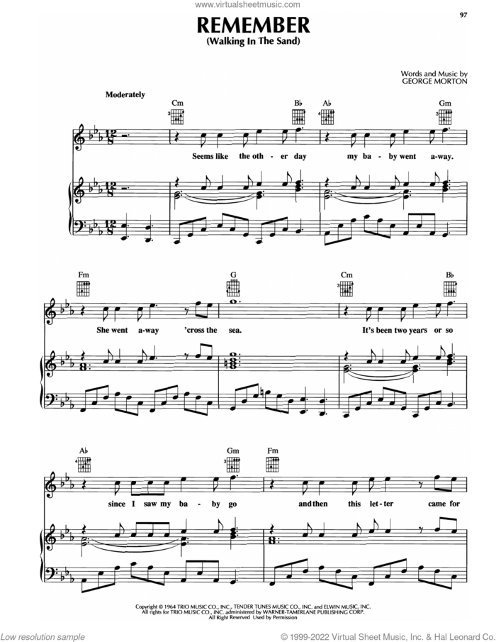 Remember (Walking In The Sand) sheet music for voice, piano or guitar by Aerosmith and George Morton, intermediate skill level