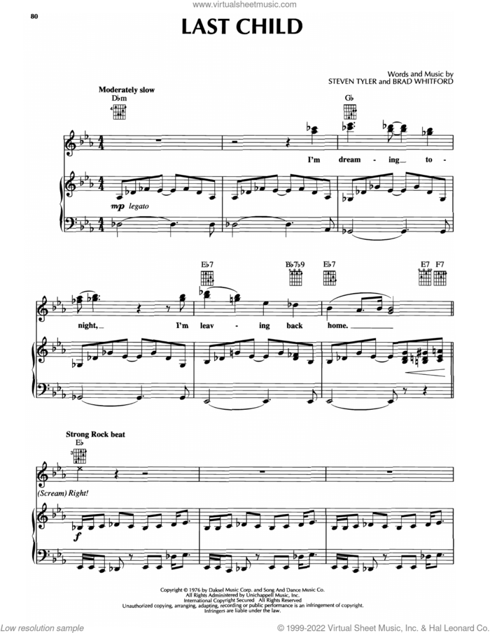 Last Child sheet music for voice, piano or guitar by Aerosmith, Brad Whitford and Steven Tyler, intermediate skill level