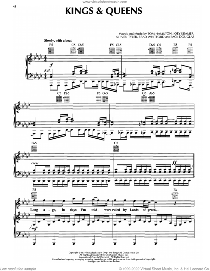 Kings and Queens sheet music for voice, piano or guitar by Aerosmith, Brad Whitford, Jack Douglas, Joey Kramer, Steven Tyler and Tom Hamilton, intermediate skill level