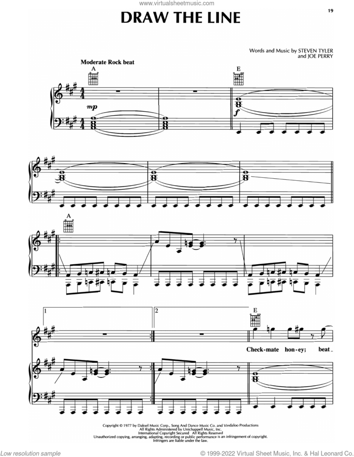 Draw The Line sheet music for voice, piano or guitar by Aerosmith, Joe Perry and Steven Tyler, intermediate skill level