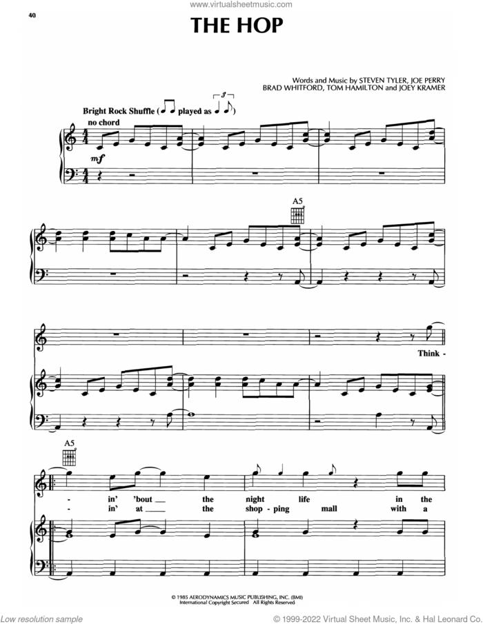 The Hop sheet music for voice, piano or guitar by Aerosmith, Brad Whitford, Joe Perry, Joey Kramer, Steven Tyler and Tom Hamilton, intermediate skill level