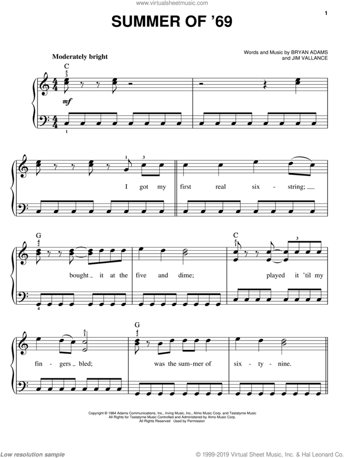 Summer Of '69 sheet music for piano solo by Bryan Adams and Jim Vallance, easy skill level