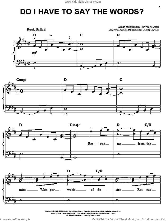Do I Have To Say The Words? sheet music for piano solo by Bryan Adams, Jim Vallance and Robert John Lange, easy skill level