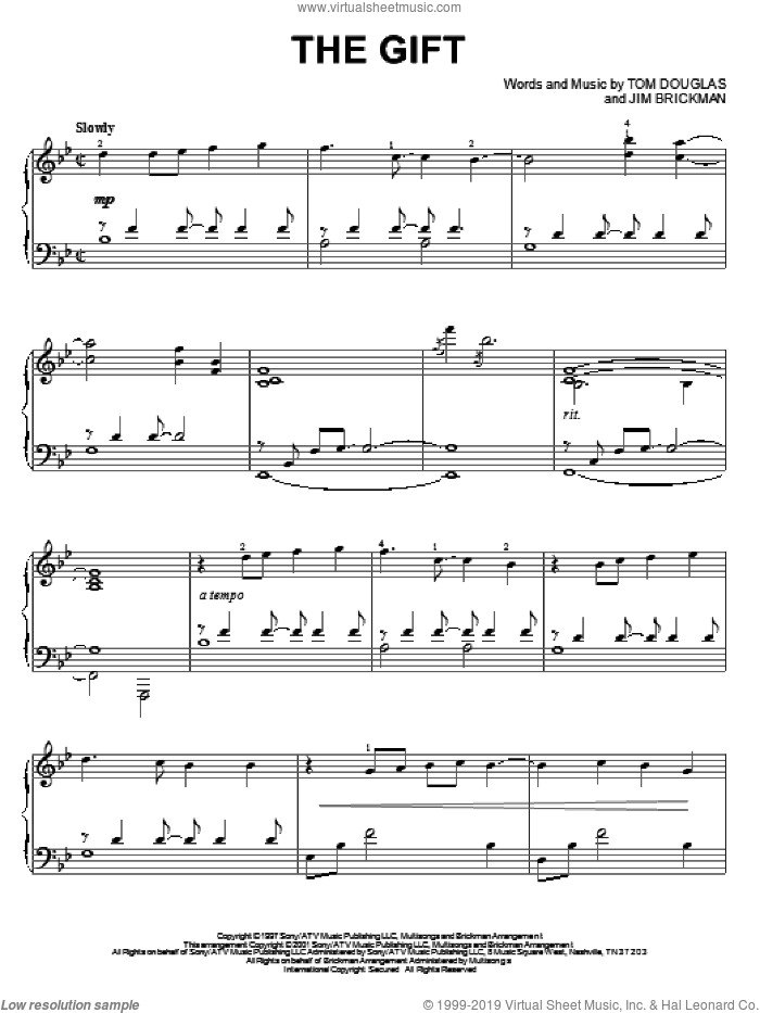 The Gift sheet music for piano solo by Jim Brickman, Collin Raye and Tom Douglas, wedding score, intermediate skill level