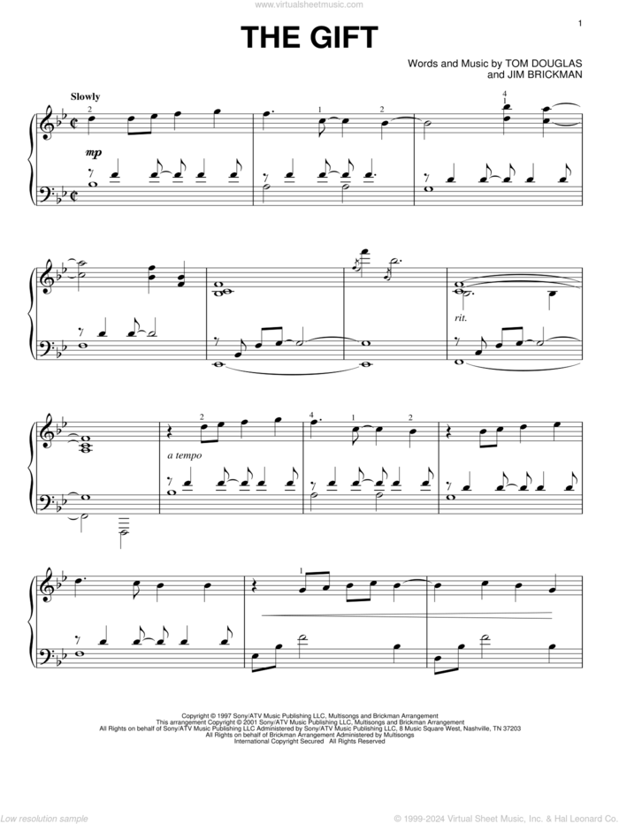 The Gift, (intermediate) sheet music for piano solo by Jim Brickman, Collin Raye and Tom Douglas, wedding score, intermediate skill level