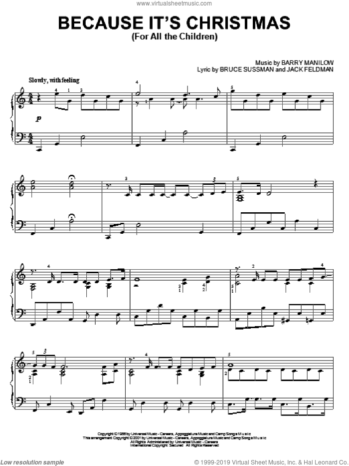 Because It's Christmas (For All The Children) sheet music for piano solo by Barry Manilow, Bruce Sussman and Jack Feldman, intermediate skill level
