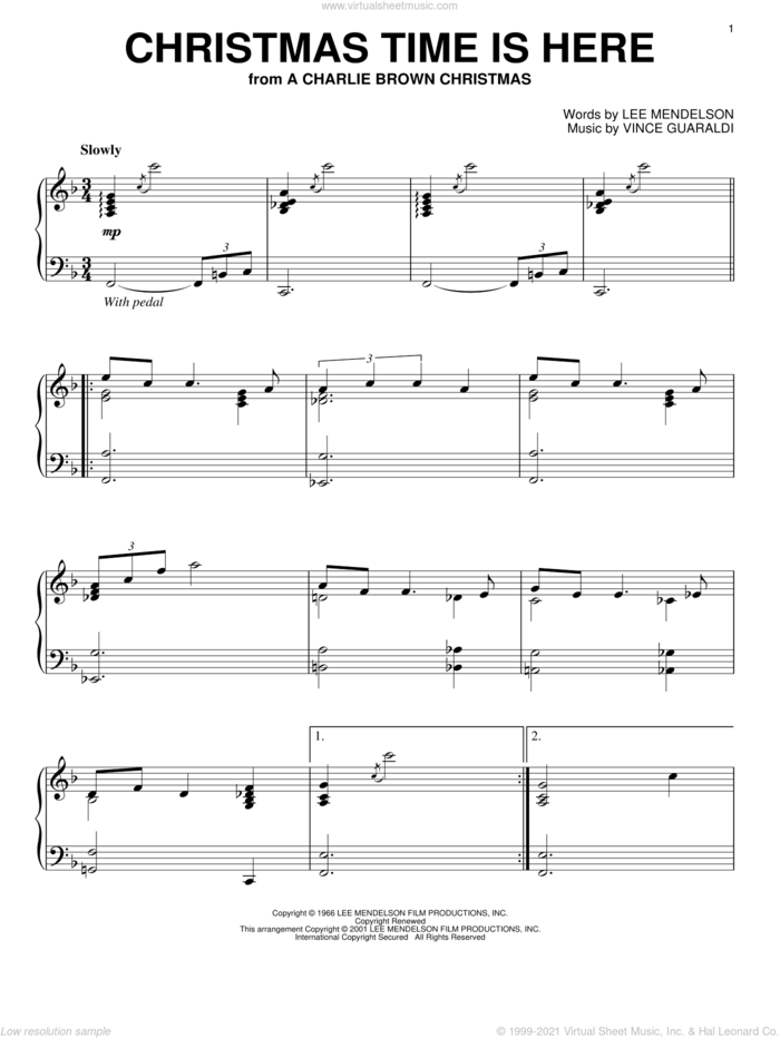 Christmas Time Is Here sheet music for piano solo by Vince Guaraldi and Lee Mendelson, intermediate skill level