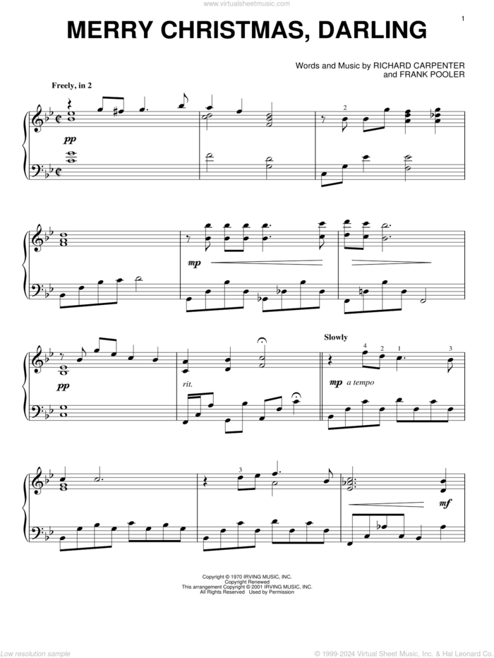 Merry Christmas, Darling, (intermediate) sheet music for piano solo by Carpenters, Frank Pooler and Richard Carpenter, intermediate skill level