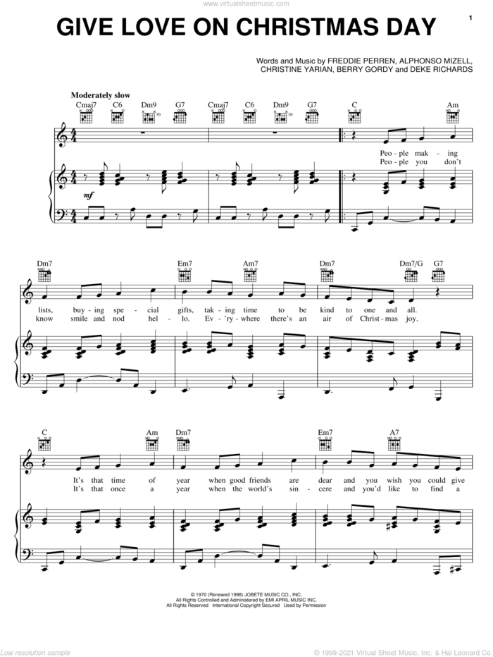 Give Love On Christmas Day sheet music for voice, piano or guitar by Johnny Gill, The Jackson 5, The Temptations, Alphonso J. Mizell, Christine Yarian Perren and Frederick Perren, intermediate skill level