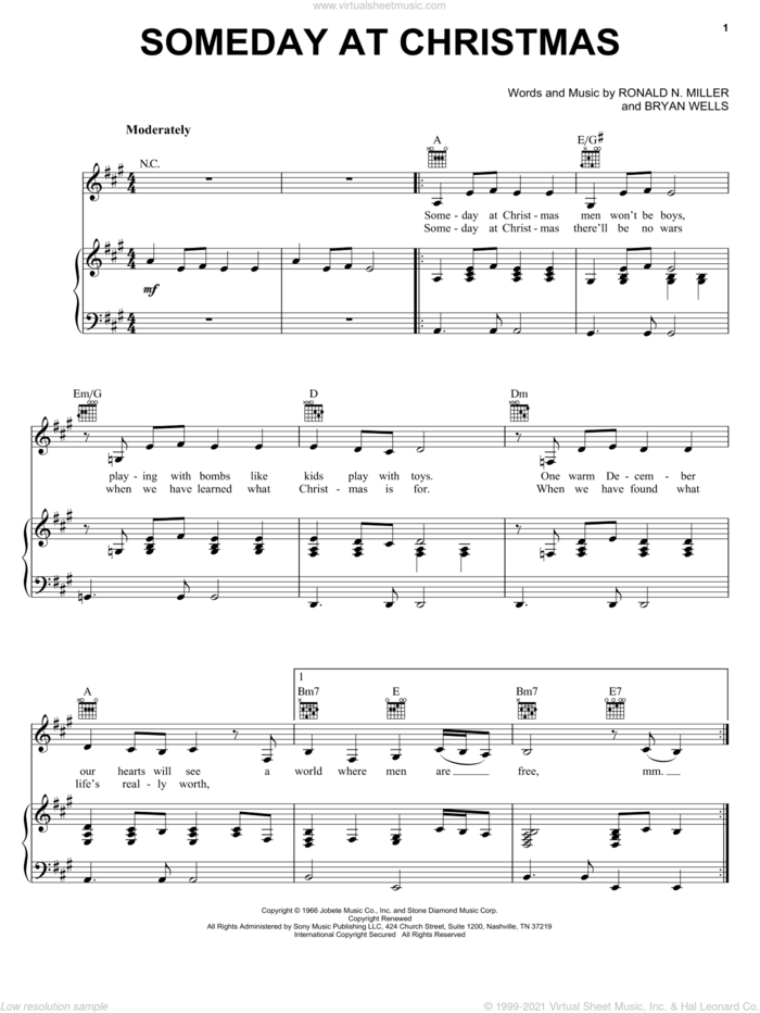 Someday At Christmas sheet music for voice, piano or guitar by Ronald N. Miller and Bryan Wells, intermediate skill level