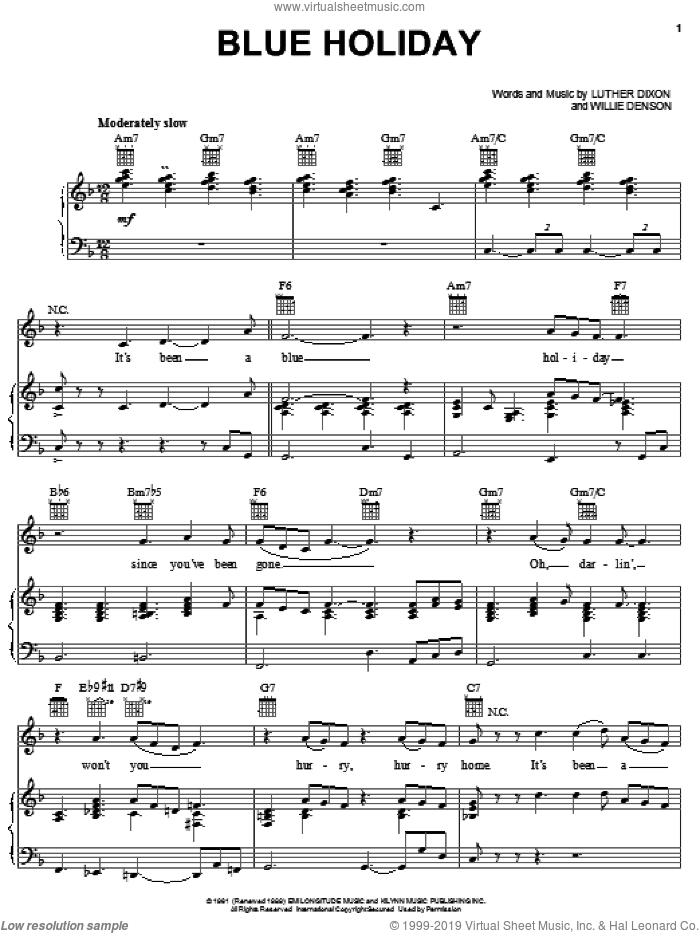Blue Holiday sheet music for voice, piano or guitar by Luther Dixon and Willie Denson, intermediate skill level