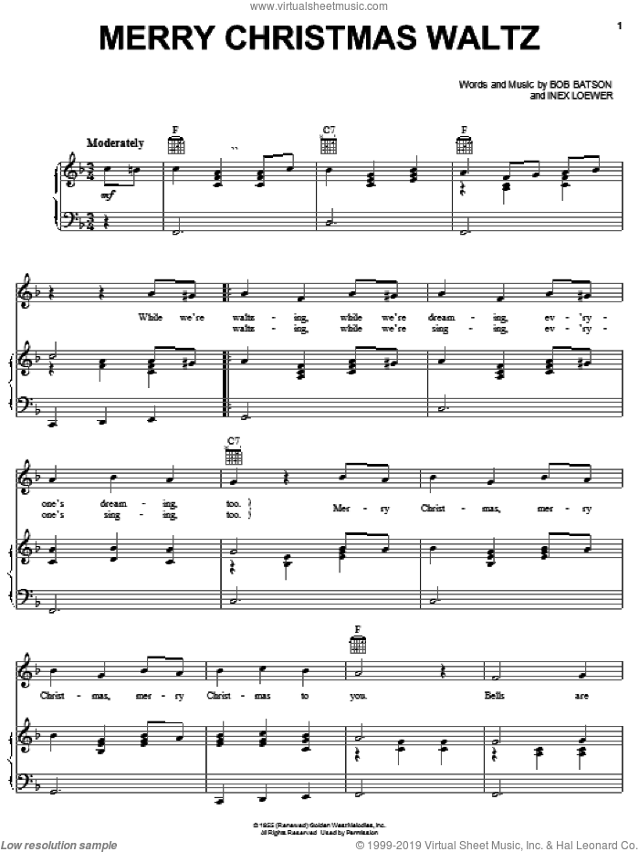 Merry Christmas Waltz sheet music for voice, piano or guitar by Bob Batson and Inex Loewer, intermediate skill level