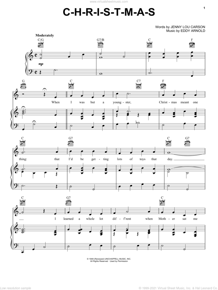 C-H-R-I-S-T-M-A-S sheet music for voice, piano or guitar by Eddy Arnold and Jenny Lou Carson, intermediate skill level