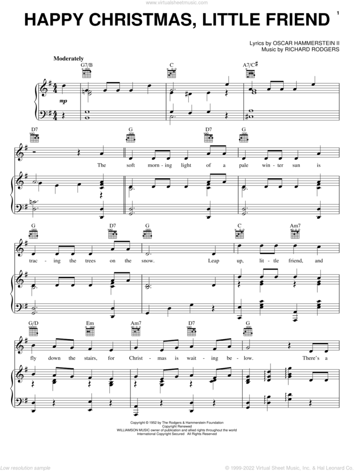 Happy Christmas, Little Friend sheet music for voice, piano or guitar by Rodgers & Hammerstein, Oscar II Hammerstein and Richard Rodgers, intermediate skill level