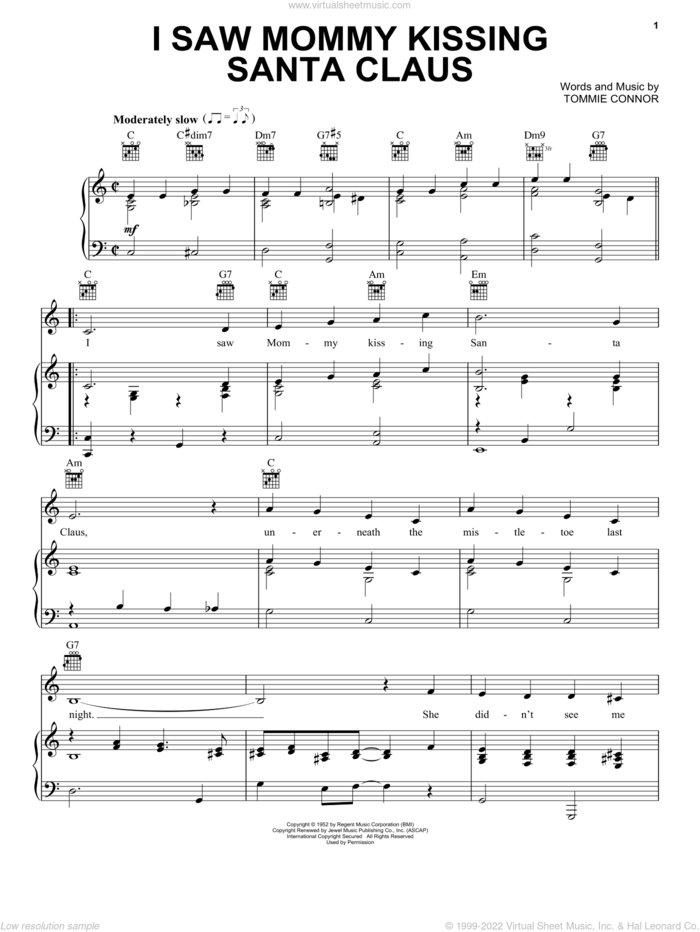I Saw Mommy Kissing Santa Claus sheet music for voice, piano or guitar by Tommie Connor, intermediate skill level