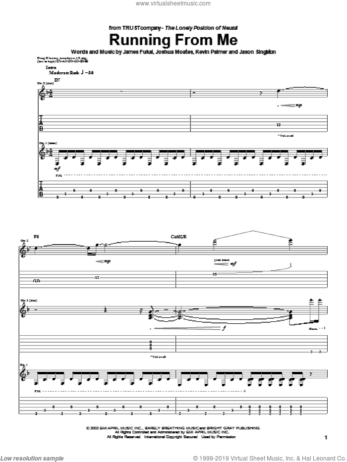 Running From Me sheet music for guitar (tablature) by TRUSTcompany, James Fukai, Joshua Moates and Kevin Palmer, intermediate skill level