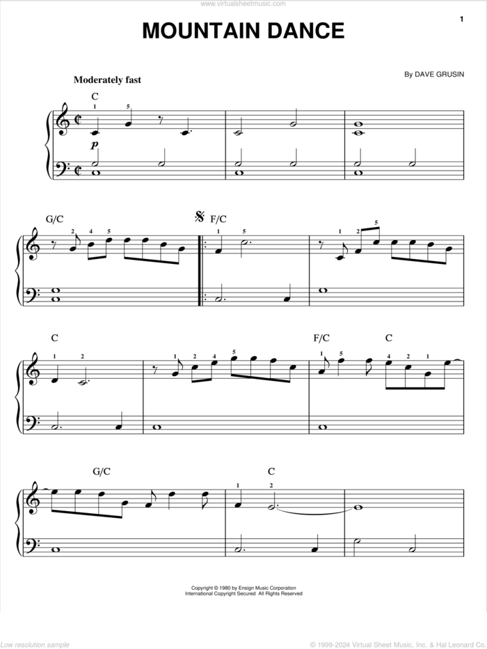 Mountain Dance sheet music for piano solo by Dave Grusin, easy skill level