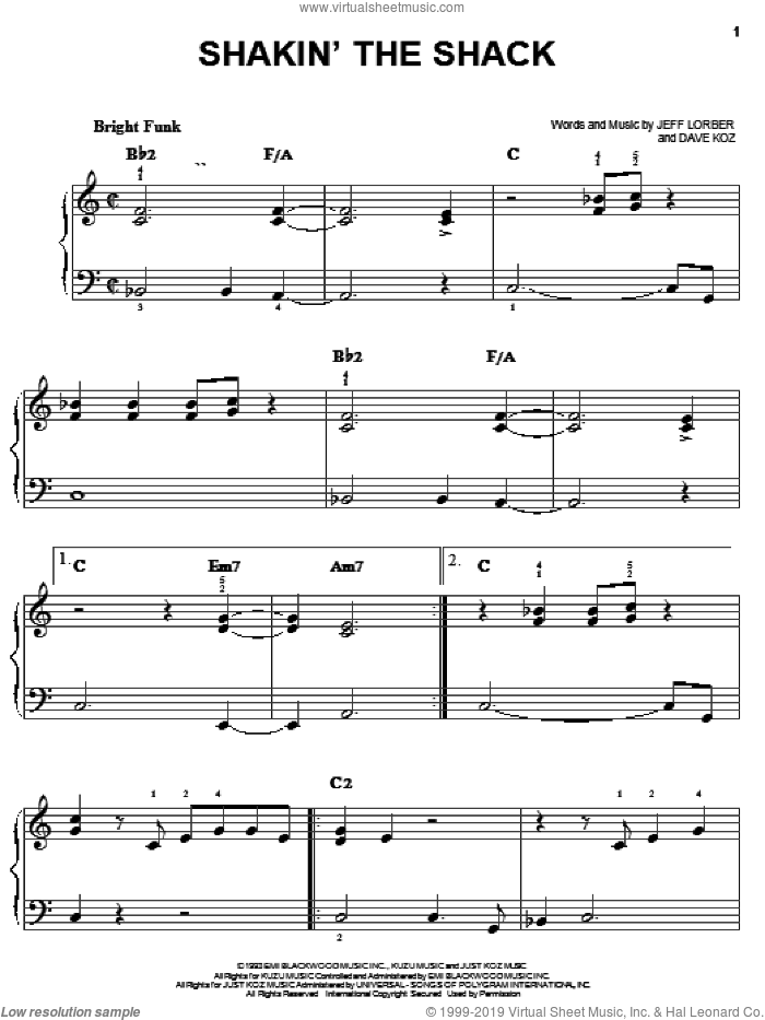 Shakin' The Shack sheet music for piano solo by Dave Koz and Jeff Lorber, easy skill level